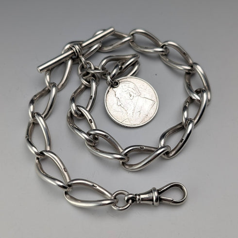 1911 British Antique Sterling Silver Albert Chain, 59g, South African 1 Shilling Coin Fob