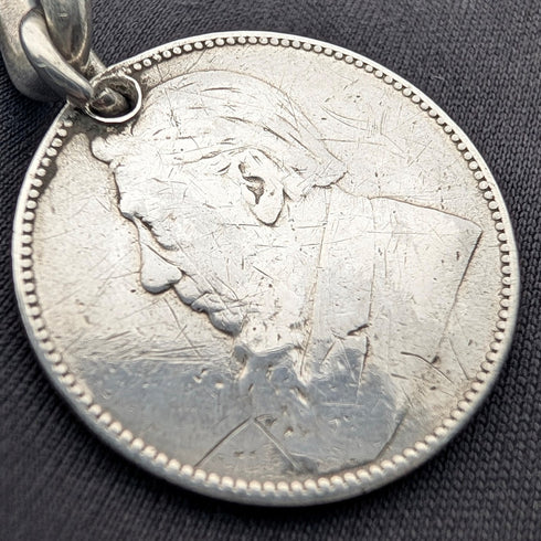 1911 British Antique Sterling Silver Albert Chain, 59g, South African 1 Shilling Coin Fob