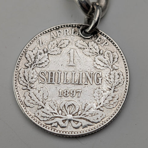 1911 British Antique Sterling Silver Albert Chain, 59g, South African 1 Shilling Coin Fob
