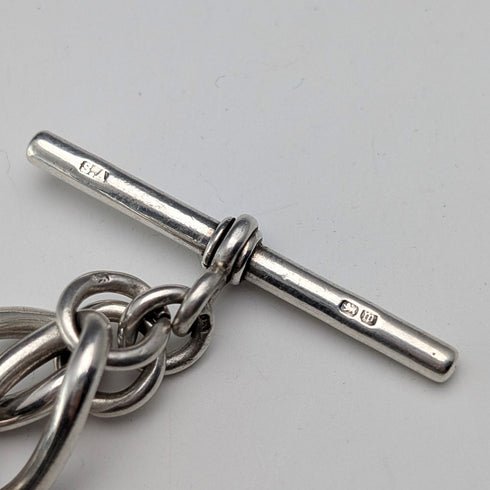 1911 British Antique Sterling Silver Albert Chain, 59g, South African 1 Shilling Coin Fob
