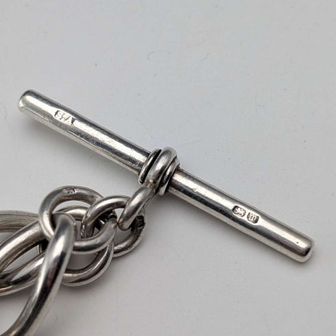 1911 British Antique Sterling Silver Albert Chain, 59g, South African 1 Shilling Coin Fob