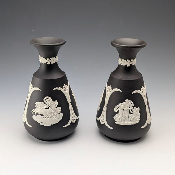 A pair of vintage British Wedgwood black jasperware vases.