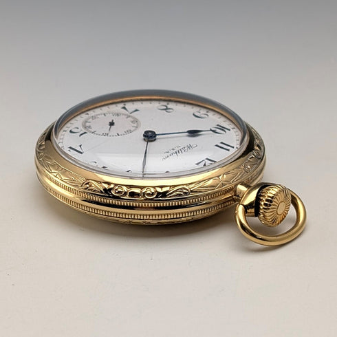 1919 Waltham Traveler pocket watch with gold-plated case, mechanical movement, in good working order.