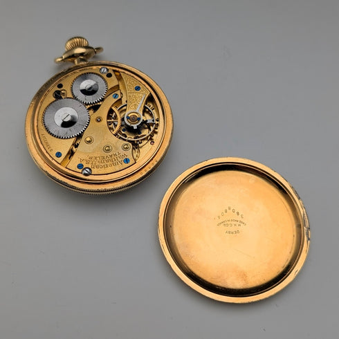 1919 Waltham Traveler pocket watch with gold-plated case, mechanical movement, in good working order.