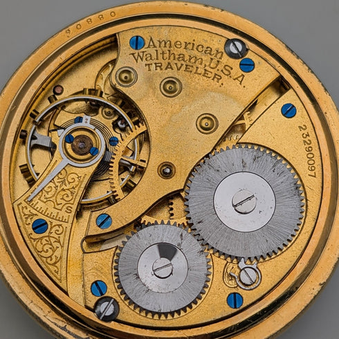 1919 Waltham Traveler pocket watch with gold-plated case, mechanical movement, in good working order.