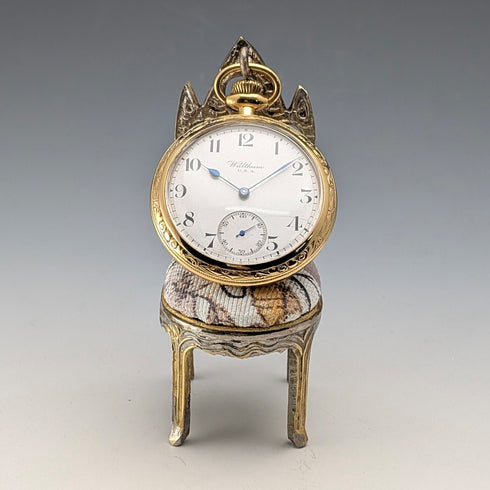 1920s Antique Brass Chair-Shaped Pocket Watch Holder with White Seat