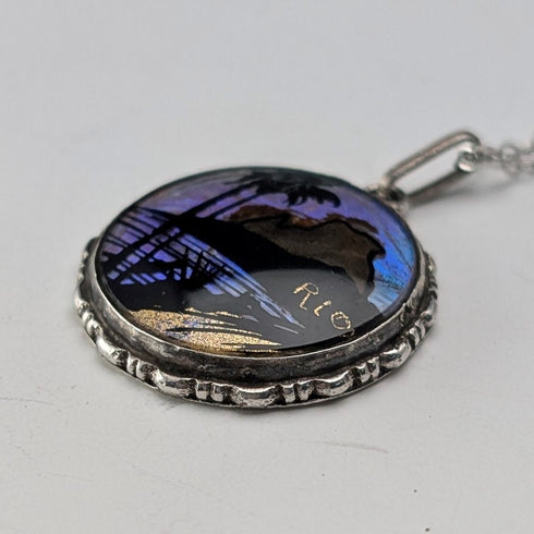 ヴィンテージ 純銀台座 バタフライウイングペンダント 純銀ネックレス付 ④