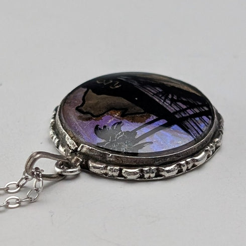 ヴィンテージ 純銀台座 バタフライウイングペンダント 純銀ネックレス付 ④