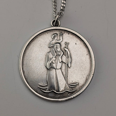 British Vintage Sterling Silver St. Christopher Medal Pendant with Sterling Silver Necklace, 10.3g Total