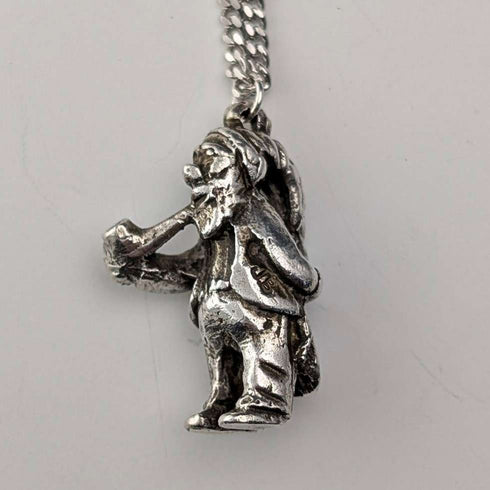 Vintage British Pipe Smoking Old Man Sterling Silver Pendant with Sterling Silver Necklace, 7.6g Total