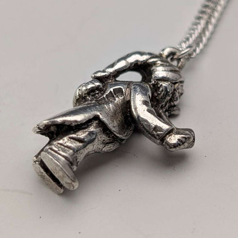 Vintage British Pipe Smoking Old Man Sterling Silver Pendant with Sterling Silver Necklace, 7.6g Total