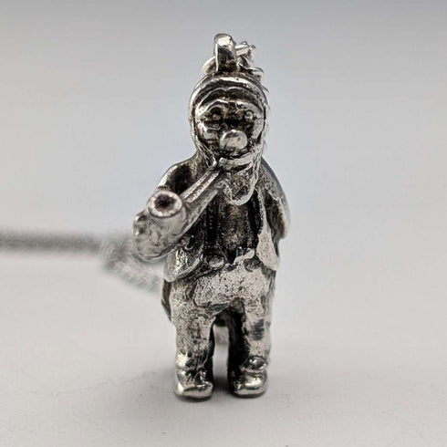 Vintage British Pipe Smoking Old Man Sterling Silver Pendant with Sterling Silver Necklace, 7.6g Total