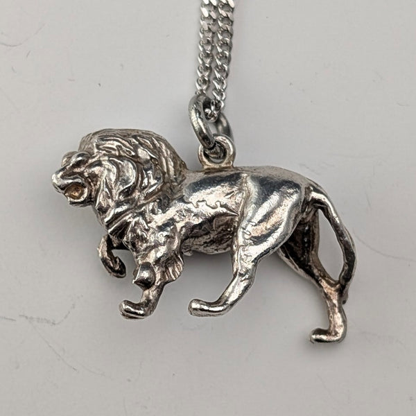 British Vintage Sterling Silver Lion Passant Pendant with Sterling Silver Necklace, 12.7g Total