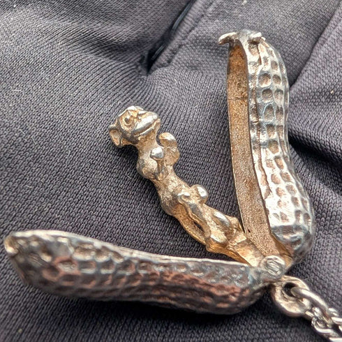 Vintage Peanut (Monkey Inside) Sterling Silver Pendant with Sterling Silver Necklace, 7.8g Total