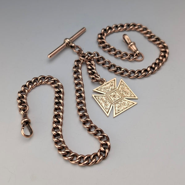 Antique British 9ct Rose Gold Double Albert Chain 9ct Gold Medal Fob, 22.4g Total