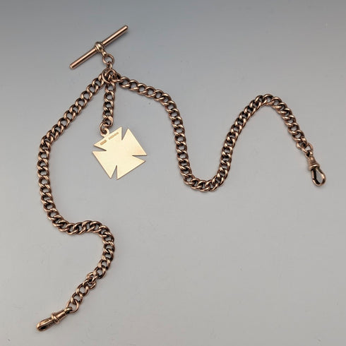 英國古董9克拉玫瑰金雙阿爾伯特鏈,搭配9克拉金質獎章吊墜,總重22.4克