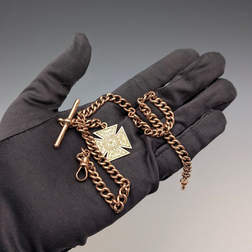 英國古董9克拉玫瑰金雙阿爾伯特鏈,搭配9克拉金質獎章吊墜,總重22.4克