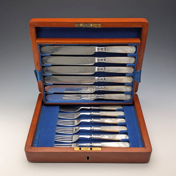 Antique British Mother-of-Pearl Dessert Cutlery, 6 Pairs, Wooden Box, by JOHN ROUND & SON