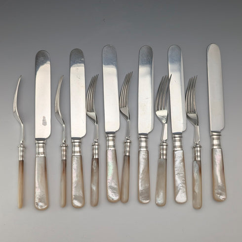 英國古董珍珠母貝甜點餐具,6對,木盒裝,約翰朗德父子公司出品