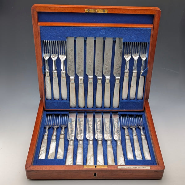 Antique British Mother-of-Pearl Dessert Cutlery, 12 Pairs, Wooden Box, by John Nowill & Son