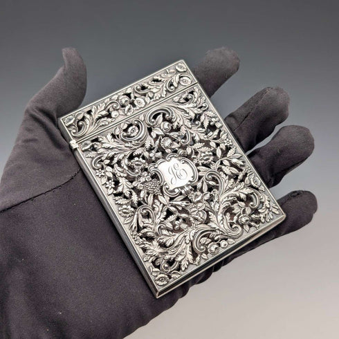1837 British Antique Sterling Silver Openwork Floral Decor Card Case, 80g, Nathaniel Mills