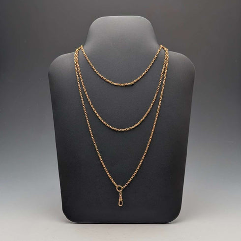 Antique British Pinchbeck muff chain necklace, 133cm long, with clip