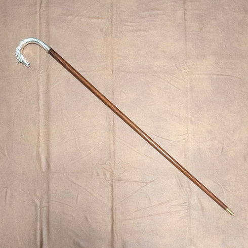Italian Vintage Brown Shaft Sterling Silver Horsehead Handle Walking Stick, 95cm