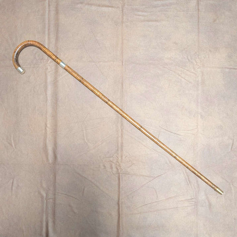 Circa 1928 British Vintage Brown Shaft, Curved Handle, Sterling Silver Ornamented Walking Stick, 85cm