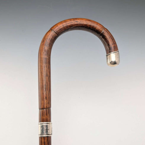 Circa 1928 British Vintage Brown Shaft, Curved Handle, Sterling Silver Ornamented Walking Stick, 85cm