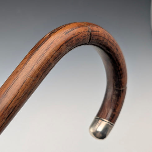 Circa 1928 British Vintage Brown Shaft, Curved Handle, Sterling Silver Ornamented Walking Stick, 85cm
