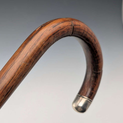 Circa 1928 British Vintage Brown Shaft, Curved Handle, Sterling Silver Ornamented Walking Stick, 85cm