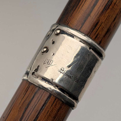 Circa 1928 British Vintage Brown Shaft, Curved Handle, Sterling Silver Ornamented Walking Stick, 85cm