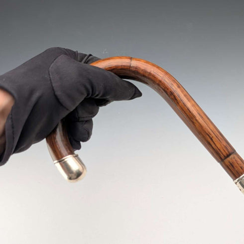 Circa 1928 British Vintage Brown Shaft, Curved Handle, Sterling Silver Ornamented Walking Stick, 85cm