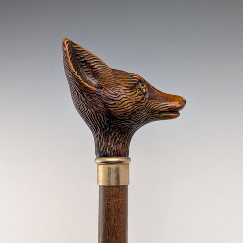 Vintage brown shaft resin fox head handle walking stick, 90cm
