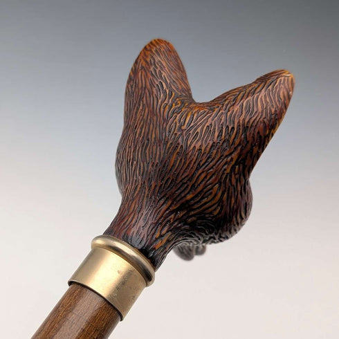 Vintage brown shaft resin fox head handle walking stick, 90cm