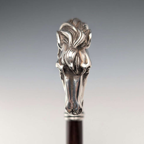 Italian Vintage Brown Shaft Sterling Silver Horsehead Handle Walking Stick, 95cm
