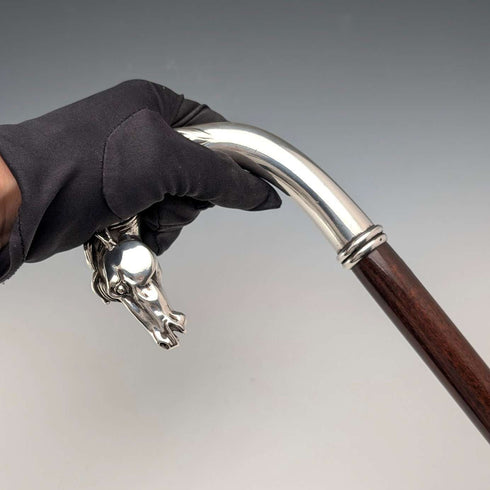 Italian Vintage Brown Shaft Sterling Silver Horsehead Handle Walking Stick, 95cm