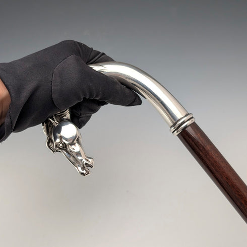 Italian Vintage Brown Shaft Sterling Silver Horsehead Handle Walking Stick, 95cm