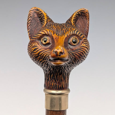 Vintage brown shaft resin fox head handle walking stick, 90cm