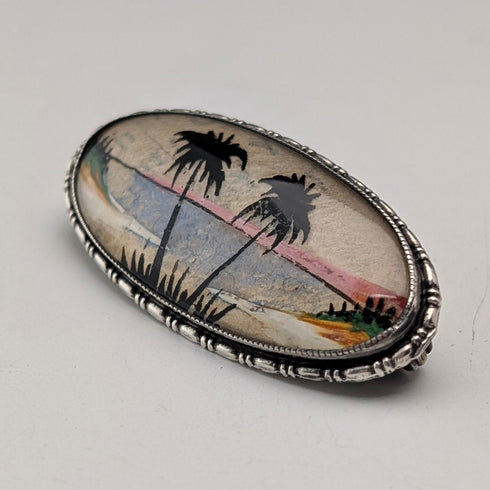 Antique British Butterfly Wing Tropical Landscape Pure Silver Brooch TLM