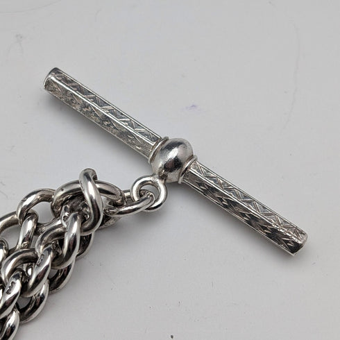 英国アンティーク 純銀製 ダブルアルバートチェーン 67g グリーンターコイズフォブ