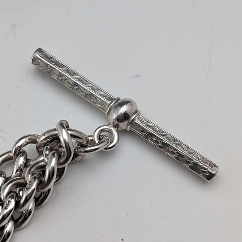 Antique British Sterling Silver Double Albert Chain, 67g, Green Turquoise Fob