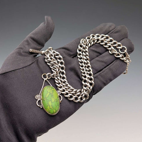 Antique British Sterling Silver Double Albert Chain, 67g, Green Turquoise Fob