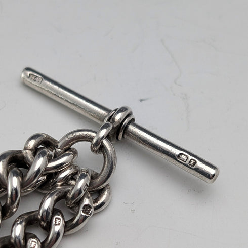 英国アンティーク 純銀製 ダブルアルバートチェーン 59g 純銀&琥珀トンボフォブ