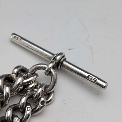 Antique British Sterling Silver Double Albert Chain, 59g, Sterling Silver & Amber Dragonfly Fob