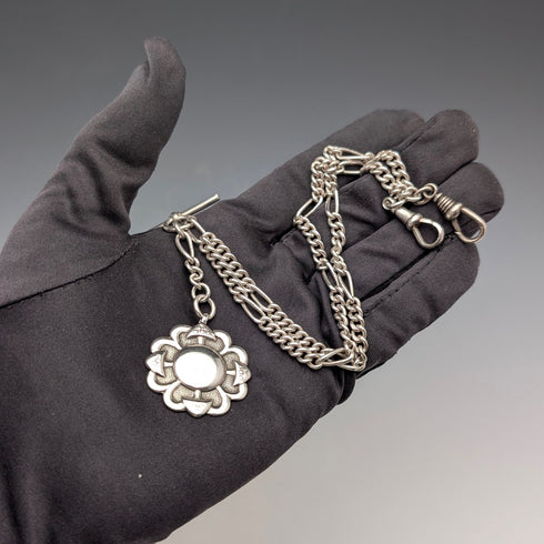 英国ヴィンテージ 純銀製ファンシーリンク ダブルアルバートチェーン 35g 純銀メダルフォブ