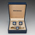 British Wedgwood cufflinks and tie clip with blue jasper sailing ship square cameo and gold-colored base case