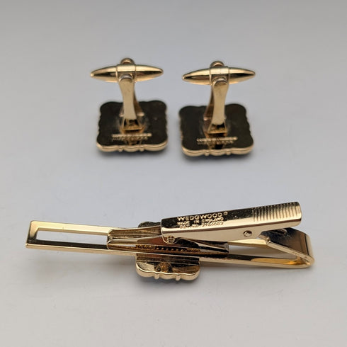 British Wedgwood cufflinks and tie clip with blue jasper sailing ship square cameo and gold-colored base case