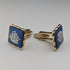 British Wedgwood cufflinks and tie clip with blue jasper sailing ship square cameo and gold-colored base case