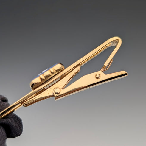 British Wedgwood cufflinks and tie clip with blue jasper sailing ship square cameo and gold-colored base case